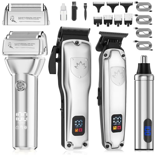 Hair Clippers for Men,4 in 1 Professional Hair Clippers T-Blade Trimmer Electric Foil Shaver Nose Hair Trimmer Set,Cordless Barber Hair Cutting Men¡¯s Grooming Kit LCD Display Gifts (Silver)