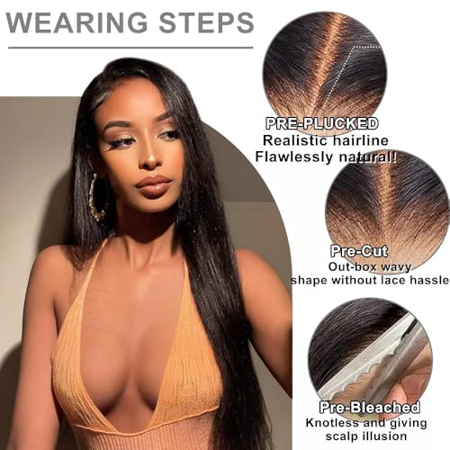 HD Transparent Straight Lace Front Wigs Human Hair Pre Plucked Pre Cut 200 Density Straight Frontal Wigs For Women Glueless Straight Lace Front Wig (13x6 Natural Black Straight Wig, 24 Inch)