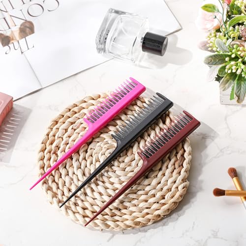 Leinuosen 3 Pcs Triple Teasing Comb for Women Plastic Rat Tail Comb Heat Resistant Pintail Tease Layer Tool for Thick Fine Hair Styling Backcombing Volume Structure(Black, Pink and Brown)