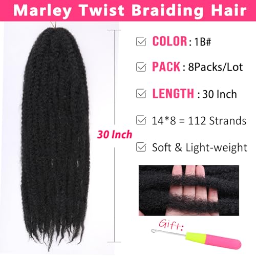 30 Inch Marley Twist Braiding Hair 8 Packs Pre-Separated Marley Hair Crochet Braids Black Long Springy Afro Kinky Hair for Crochet Locs Braiding Hair Extensions 1B#