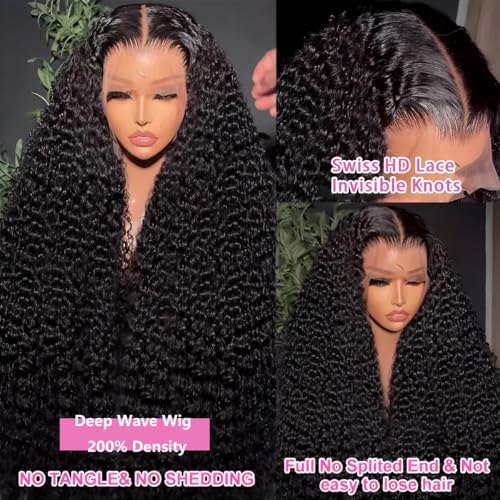 34 Inch 13x6 Deep Wave Lace Front Wigs Human Hair 200 Density 13x6 HD Lace Front Wigs Human Hair Pre Plucked Deep Curly Glueless Wig 100% Virgin Human Hair Lace Front Wigs for Women