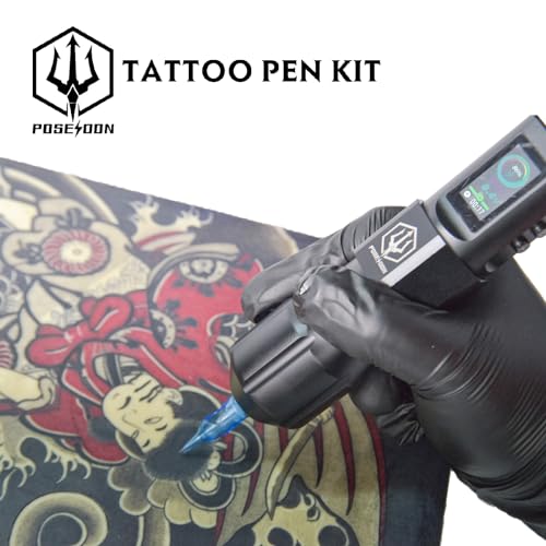 POSEIDON Tattoo Gun Kit - Machine Kit with 2 Batteries Tattoo Pen Kit with Digital LED Display 20Pcs Tattoo Needles Cartridge 12pcs Inks Tattoo Machine Kit Tattoo Supplies for Beginner