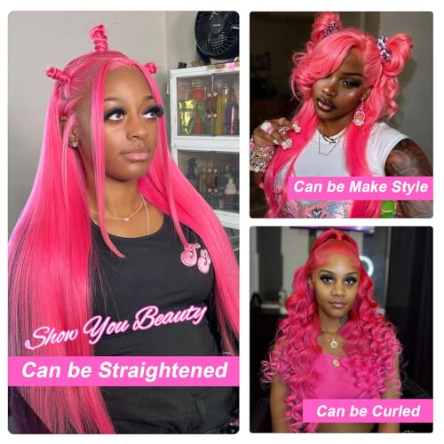 32 Inch Pink Human Hair Wig 200 Density 13x6 HD Lace Front Wigs Human Hair Pre Plucked Body Wave Pink Lace Front Colored Glueless Wigs for Women with Baby Hair