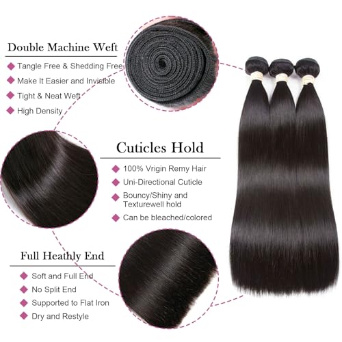 Straight Hair Bundles - 20 22 24 Inch | 100% Unprocessed Brazilian Virgin Human Hair | 3-Pack Quick Weave Bundles with Glossy Finish for Women
