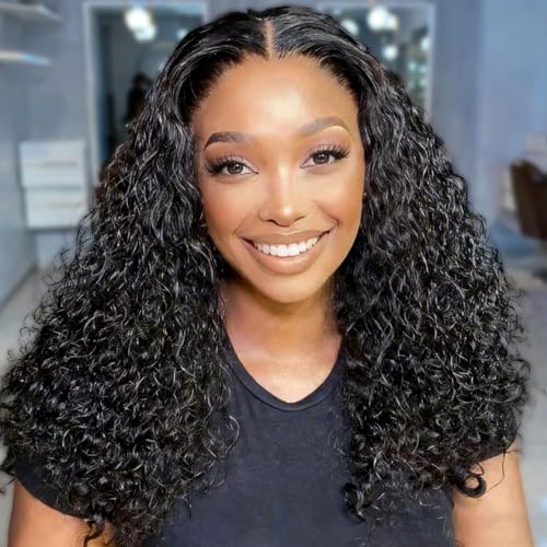 Curly Human Hair Wig 13x6 HD Lace Water Wave Frontal Wigs Human Hair Pre Plucked Wear And Go Deep Wave Frontal Glueless Wig for Black Women 180 Density Curly Wig Natural Black 18 Inch