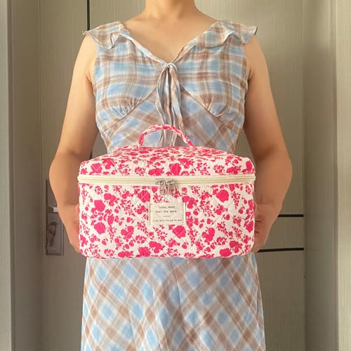 Rose Red Large Quilted Floral Makeup Bag Cute Soft Coquette Aesthetic Cosmetic Bag Cotton Travel Toiletry Bag for Women