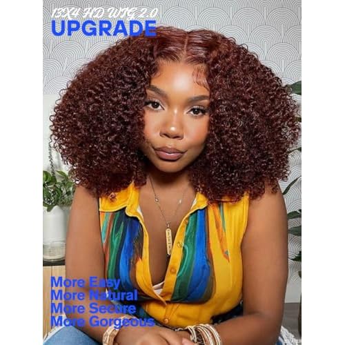 Nadula Reddish Brown Kinky Curly Drawstring Wig Human Hair 200% Density, Pre Cut 13x4 HD Pre Everything Glueless Bye Bye Knots Afro Kinky Lace Front Wigs Pre Plucked with Ear Tape Copper Red 16inch