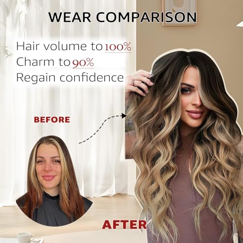 Wire Hair Extensions Real Human Hair, Invisible Wire Hair Extensions Fish Line Long Curly Hair Extensions for Women Adjustable Headband 20inch 85g Dark Brown to Dirty Blonde(#2/6/18-20inch)