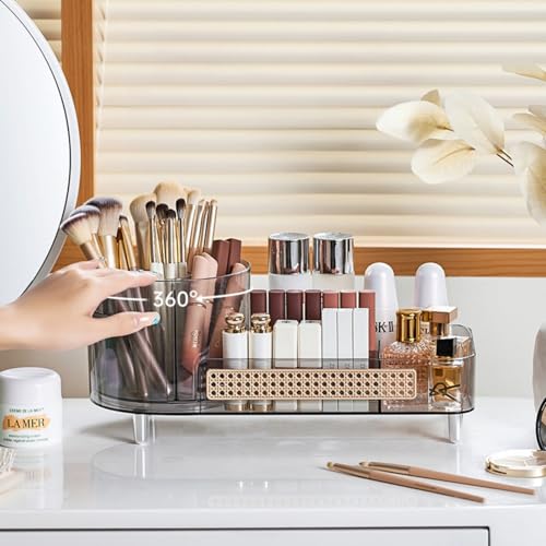 Rotating Makeup Organizer,Large Capacity Countertop Skincare Organizer,2 in 1 Bathroom Makeup Caddy,Cosmetic Display Case (Crystal Clear)