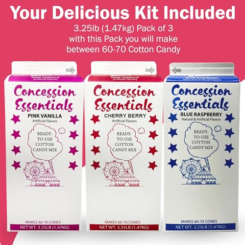 Cotton Candy Floss Sugar Concession Essentials. Blue Raspberry, Cherry,Pink Vanilla,- 3.25 lbs Per Carton. Total 9.75lbs