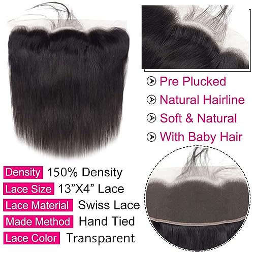 12A Straight Bundles with Frontal Human Hair 22 24 26 with 20 Inch Brazilian Human Hair Bundles with Closure 100% Unprocessed Virgin Hair Weave Bundles with 13x4 HD Lace Frontal