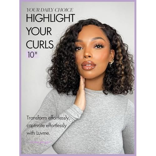 LUVME HAIR Mix Color Highlight 10 Inch Curly Wig, Glueless HD Lace Wigs Human Hair Pre Plucked Pre Cut, Curly Bob Wig Human Hair Short Wig with Blonde Highlights Ready to Go Wig