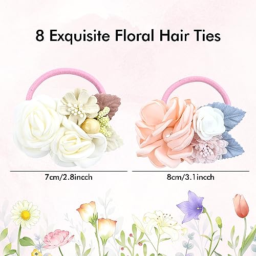 Cinaci 8 Pack Decorative Pearl Flower Hair Ties Rubber Bands Floral Ponytail Holders Hair Scrunchies Ropes Elastics Accessories for Toddlers Kids Teens Girls