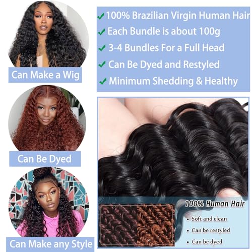 Deep Wave Bundles Human Hair 20 22 24 26 Inch Deep Curly Human Hair Bundle For Women 100% Unprocessed 12A Quick Weave 4 Bundles Deals Natural Color 400G