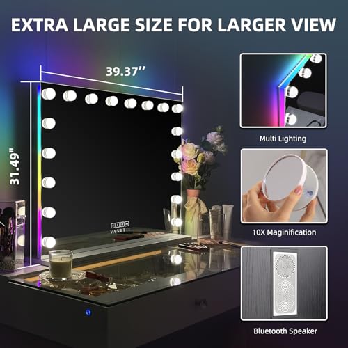 VANITII Hollywood Vanity Mirror with RGB Lights Tempered Glass Light Up Makeup Mirror with 18 Dimmable LED Bulbs 3 Color Lighting Modes Smart Touch 10X Magnification for Bedroom