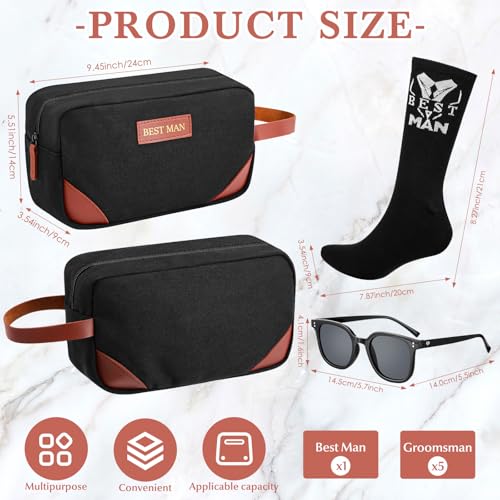 18 Pcs Wedding Groomsmen Gifts Set Include Pcs Men Toiletry Bags Pairs Cotton Groomsmen Socks Pairs of Sunglasses for Wedding Proposal Gifts Bachelor Party Travel Kit(Black)