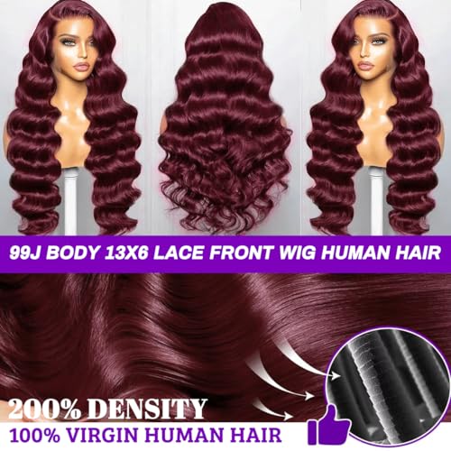 26 Inch 99J Burgundy Lace Front Wigs Human Hair Pre Plucked 200% Density Body Wave Lace Front Wigs Human Hair Red Wig HD Transparent Full Frontal 13x6 Glueless Colored Natural Wig For Woman