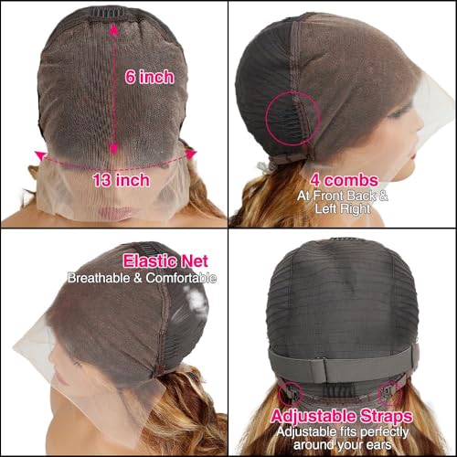 250% Density Honey Blonde Body Wave Lace Front Wig Human Hair 4/27 Highlight Ombre Lace Front Wigs 13x6 Glueless HD Transparent Lace Frontal Wig for Women Pre Plucked with Baby Hair (30inch)