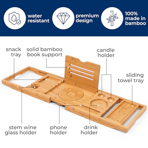 SereneLife Bathtub Tray - Expandable Bath Tray for Tub, Foldable Adjustable Bamboo Caddy with Non-Slip Handles, Device Holder and Wine Glass Slot for Bathing Luxury (Folding, Hard Back, Gift Set)