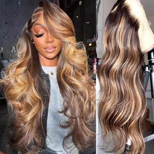 250% Density Honey Blonde Body Wave Lace Front Wig Human Hair 4/27 Highlight Ombre Lace Front Wigs 13x6 Glueless HD Transparent Lace Frontal Wig for Women Pre Plucked with Baby Hair (30inch)