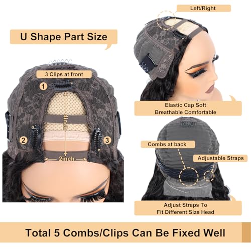 Deep Wave U Part Wigs Human Hair 26Inch Virgin Brazilian Remy Deep Curly U Shape Wig Human Hair Wigs for Black Women 180% Density Glueless Full Head Middle Part Clip in Half Wig Natural Color