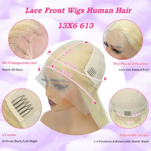 32 Inch 613 13x6 Lace Front Wig Human Hair 200% Density Straight Blonde Wig Human Hair 613 HD Lace Frontal Wig Human Hair Pre Plucked Blonde Glueless Wig for Women