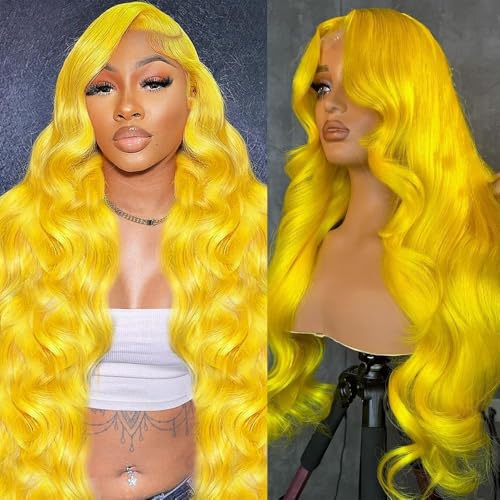 Yellow Lace Front Wig Human Hair 200 Density 13x4 Body Wave Lace Front Wigs Human Hair Pre Plucked Yellow Colored Blonde Wig Human Hair Glueless Wigs 32 Inch