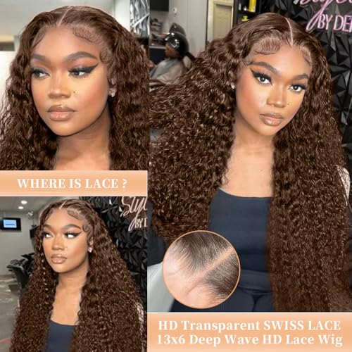 Chocolate Brown Lace Front Wigs Human Hair 13x6 Deep Wave Lace Front Wigs Human Hair 200 Density HD Colored Deep Curly Lace Frontal Wigs for Women Pre Plucked with Natural Hairline (Brown Wig, 30inch)