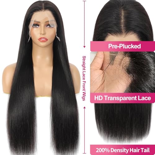 Synthetic Lace Front Wig, 13x6 Lace Frontal Wigs Human Hair Touch Pre-Plucked Long Straight Glueless 1B Black Wig 30 inch Vogue Highlight Technology-Premium Fiber & Human Hair Blended