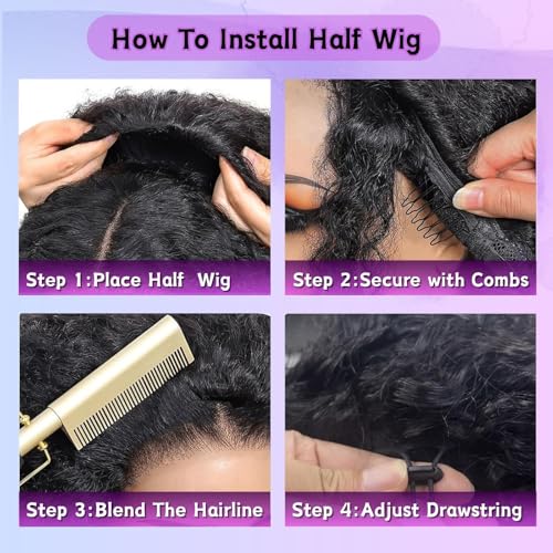 Half Wig Human Hair Deep Wave 3 In 1 Drawstring Seamless Filp Over Curly Half Wig 200% Density Wear and Go Glueless Half Wigs for Black Women Natural Color 20 Inch