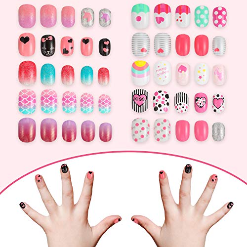 Maitys 240 Pcs Children False Nails Fall Thanksgiving Kids Girls Press on Short Artificial Fake Nails Pre Glue Full Cover Acrylic Nail Kit for Children Girl Nail Decoration, 10 Boxes(Pink Heart)