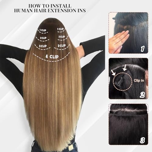 Ombre Brown Blonde Clip in Hair Extensions Real Human Hair 24 Inch 7pcs 120g Clip ins Hair Extensions Brazilian Remy Human Hair 16 Clips Double Weft Human Hair For Women