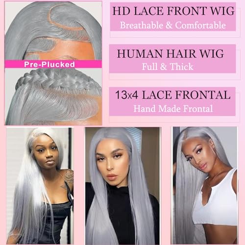 Grey Lace Front Wig 13x6 Silver Grey Wig Human Hair Pre Plucked Straight Lace Front Wigs Human Hair 22 Inch Glueless HD Lace Frontal Wigs Colored