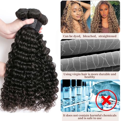 Deep Wave Bundles Human Hair Brazilian Virgin Hair Weave 4 Bundles Deep Curly 12A Grade Unprocessed Human Hair Extensions Natural Black 100g/pc 20 22 24 26 Inch