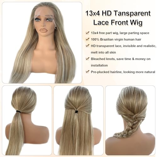 Ombre Blonde Lace Front Wig Human Hair for White Women Ash Brown Roots to Ash Blonde with White Platinum Highlights Glueless Wigs Human Hair Pre Plucked with Baby Hair 180% Density Straight 20 Inch