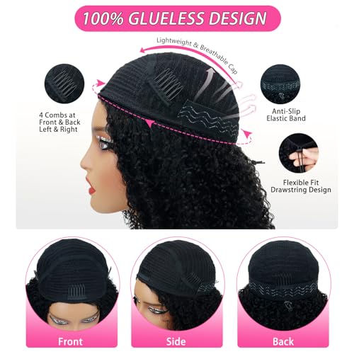 Larhali Kinky Curly Half Wig Human Hair 180% Density Wear And Go Glueless Wigs Human Hair 18 Inch Curly 3 In 1 Half Wigs for Women Drawstring Seamless Flip Headband Wig Beginner Friendly
