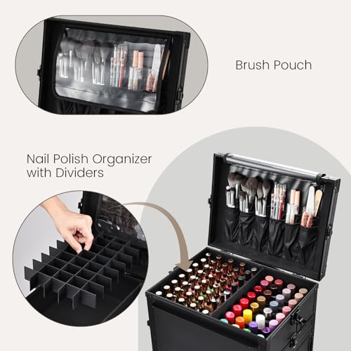 Joligrace Rolling Manicure Table 5 Drawers Makeup Case Foldable Nail Desk Cosmetology Case on Wheels Nail Tech Table with Brush Pouch for Technician Workstation Mobile Makeup Artist Trolley Black