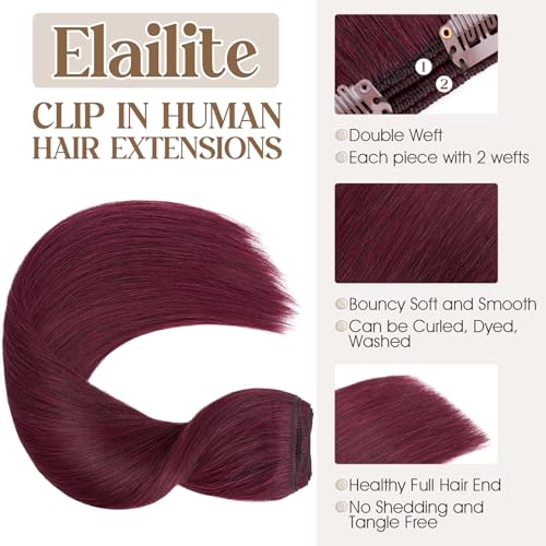 Elailite Clip in Hair Extensions Real Human Hair Double Weft Thick 8pcs Weft Burgundy 20 Inch 150g Remy Hairpieces Balayage Full Head Straight for Women