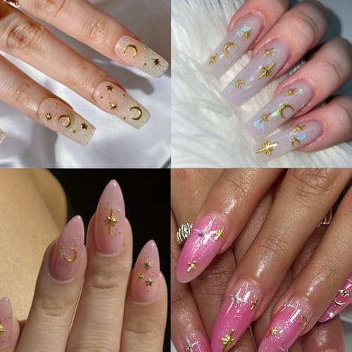 400pcs Gold Silver Star Nail Charms - 3D Star Nail Jewelry Rhinestones Supplies Accessories for Women Girls