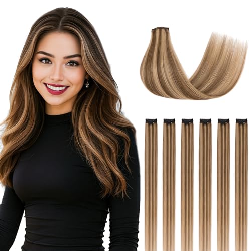 Clip in Hair Extensions Real Human Hair for Women, 14 Inch 36g 6pcs, Medium Brown Mix Dark Blonde, Straight - Highlight, Add Volume and Length for Daily Wear, Parties, Weddings