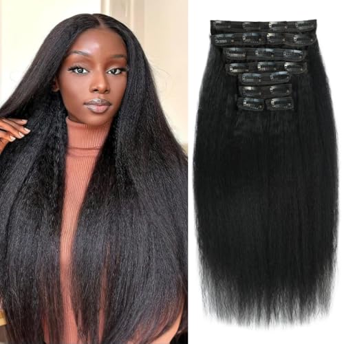 Clip in Hair Extensions Real Human Hair Extensions 110g 8Pcs/Set Kinky Straight Brazilian Human Hair Clip in Extensions for Women Seamless Clip Ins for Black Women Double Weft with 20Clips (14Inch)