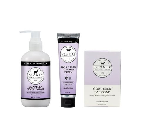 Dionis Goat Milk Skincare Lavender Blossom Scented Lotion 8.5oz, Hand & Body Cream 3.3oz and Bar Soap 6oz Bundle