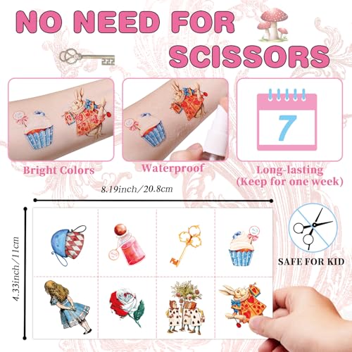 Alice in Wonderland Temporary Tattoos, 96pcs Alice in Wonderland Tattoos, Htabiol Alice in Wonderland Decor, Alice in Wonderland Party Favors, Suit for Onederland 1st Birthday, Mad Hatter Tea Party