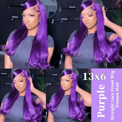 30 Inch Dark Purple Lace Front Wigs Human Hair 200% Density 13x6 Straight Lace Front Wigs Human Hair Colored Pre Plucked Purple Lace Frontal Wig with Baby Hair Natural Hairline