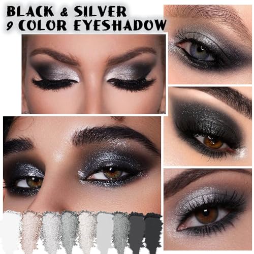 evpct 9 Colors Silver Gray Glitter Eyeshadow Palette, Black Smokey Grey and Silver White Sparkle Glitter Shimmer Shiny Eye Shadow Palette Makeup kit for older Women, High Pigment Waterproof eyeshadow