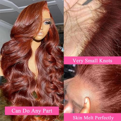 28 Inch Reddish Brown Body Wave Lace Front Wigs - Human Hair, 180% Density, Pre-Plucked with Baby Hair, Glueless Frontal Wigs - Auburn Copper Red Colored Wigs for Women