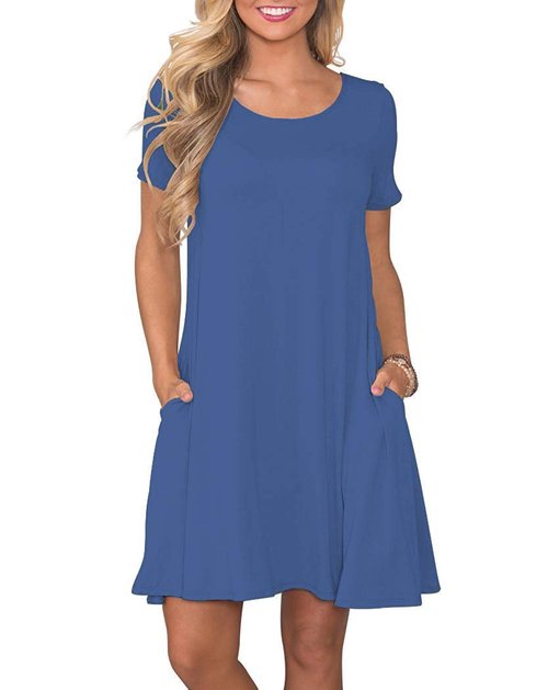 WNEEDU Women's Summer Casual T Shirt Dresses Short Sleeve Swing Dress with Pockets (2XL, Beja Blue)