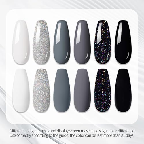 UR SUGAR Black White Gel Nail Polish Set, 6 Colors Black White Grey Gel Polish Black Glitter Sliver Glitter Nail Polish Set for All Seasons Soak Off Gel Nail Manicure Gifts Set for Women