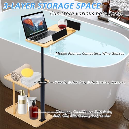 3 Layer Bath Tub Tray Table, Liftable Freestanding Bamboo Bath Tray Caddy for Tub Against Wall, Bath Table Tray Tub Shelf Bathroom Organizer Shelf for Luxury Spa and House Warming New Home