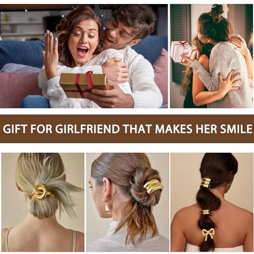 YONOY 6Pcs Gold Hair Ties,Metal Hair Ties for Thick Hair,Damage Ponytail Holders,6 Styles Hair Accessories for Women